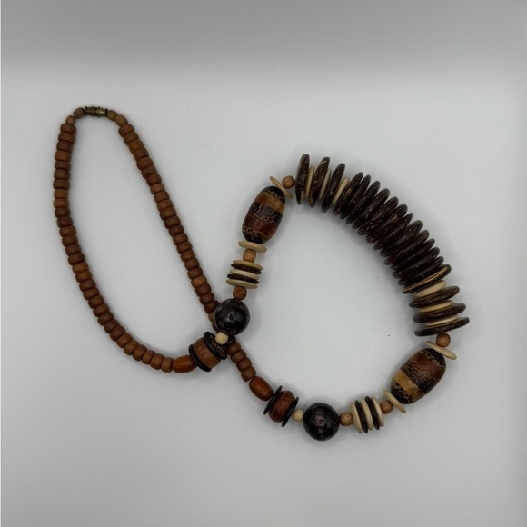Vintage Wooden Bead Necklace Earrings Chunky Boho Ethnic Natural Wood Discs - Picture 4 of 8